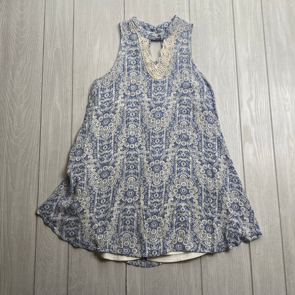 Altar’d State Women's Ivory & Blue Keyhole Tank Mini Swing Dress Size Small